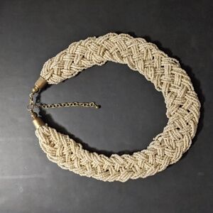 Gold Tone Cream Beaded Braided Collar Statement Necklace